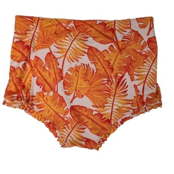 Kortni Jeane Bikini Bottoms XL Orange Palm Leaf Tropical Ruffle High Rise Swim‎ - Picture 3 of 7